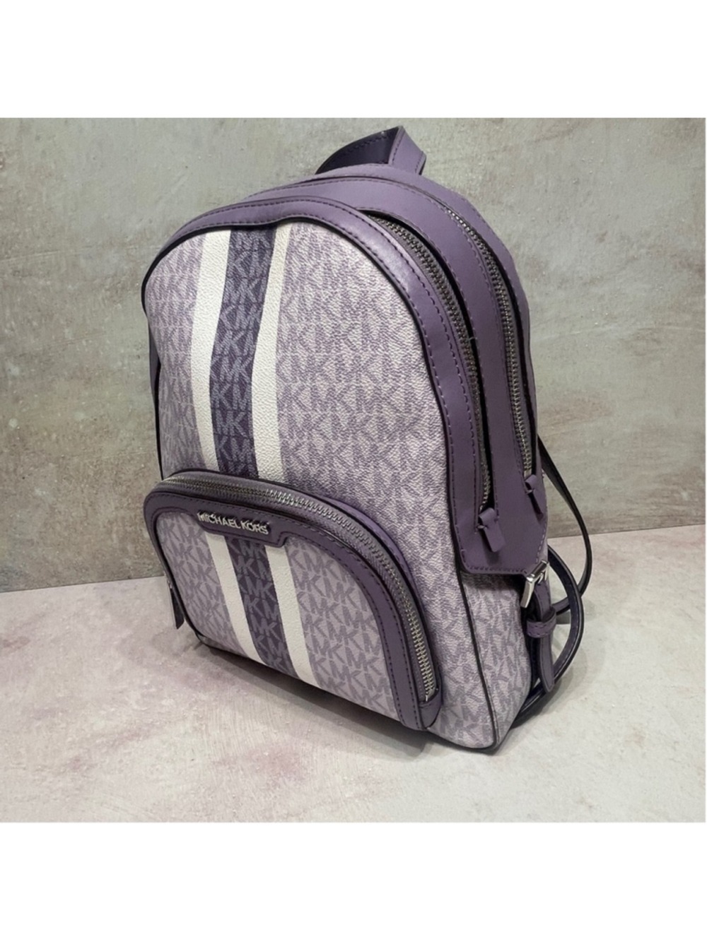 Michael Kors Jaycee Backpack MK Logo Purple & White Orchid Haze Center Stripe - Picture 4 of 15